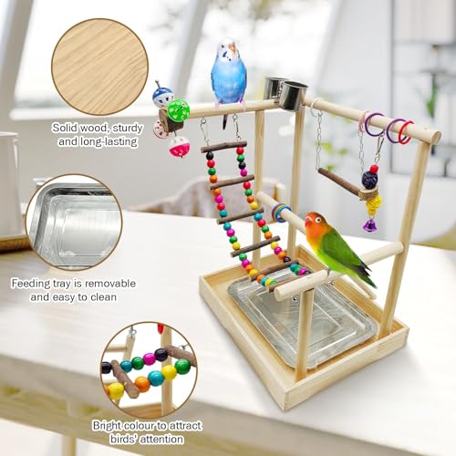 PINVNBY Bird Playground Parrot Playstand Play Gym Cockatiel Wood Bird Toys Birds Cage Accessories Playpen Ladder with Feeder Cups Hanging Swing Toys for Parakeet Conure Lovebird Cockatiel - size: Two Floors With Wooden Bridge