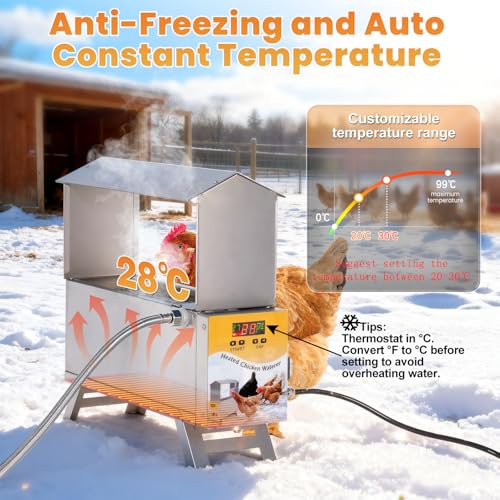 Chicken Waterer Heated 2 Gallon Chicken Water Heater for Winter Stainless Steel Poultry Drinker Heater Anti Freezing Watering Dispenser for Coop, Thermostatically Controlled