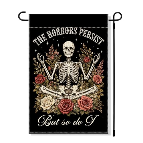 RZHV The Horrors Persist But So Do I Double-Sided Garden Flag for Outdoor House Yard Sign Garden Decor Parade, Funny Rose Skulls Front Yard Sign Flag, Halloween Fall Social Justice Outdoor Banner - color: Horrors H