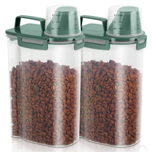 2 Pack 3 Lbs Pet Dog Cat Food Storage Containers for Travel - Pine Green | Airtight Bird Seed Storage Container, 5 Lbs Rice Dispenser Flour Holder for Cereal Oatmeal Pour Spout Measuring Cup Handle - color: Pine Green-3L 2Pack