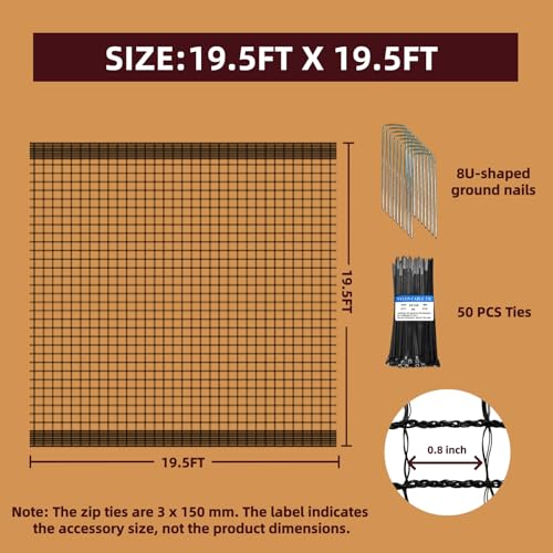 Heavy Duty Bird Netting for Chicken Coop, 19.5 x 19.5 ft 0.8”Mesh HDPE Chicken Netting for Hawks with Reinforced Edges, Durable & Reusable Poultry Netting for Garden Raised Beds & Fruit Trees - size: 19.5ft*19.5ft