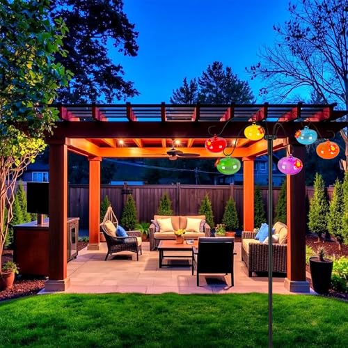 Liitrton Glass Hummingbird Feeders with Shepherds Hook for Outdoors | Hanging 6 Hand-Blow Glass Hummingbird Feeder Balls, Adjustable Hight Bird Feeder Pole for Outside Garden Decor
