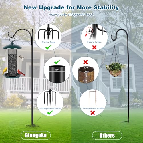 Gtongoko 63 Inch Shepherds Hooks for Outdoor with 5 Prongs Base, Adjustable Bird Feeder Pole Garden Hooks for Hanging Lanterns, Plants Baskets, Hummingbird Feeders, 1 Pack - size: 63 Inch without Baffle
