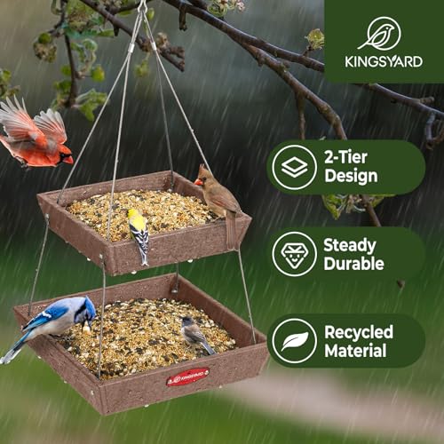Kingsyard 2 Tier Large Platform Bird Feeder for Outdoors Hanging | Large Recycled Poly Lumber Tray, 5 Lbs Capacity, Garden Decoration Attracts Cardinal Bluebird Goldfinch, Brown - color: Brown
