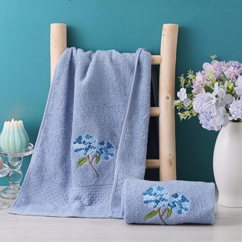 SmoothNovelty 2 Pcs Hydrangea Hand Towels Blue Bathroom Decor 14x29 Inch | Embroidered Floral Bathroom Hand Towels, 100% Cotton, Soft Absorbent, Bathroom Kitchen Decor, Spring Summer - style: Hydrangea Floral