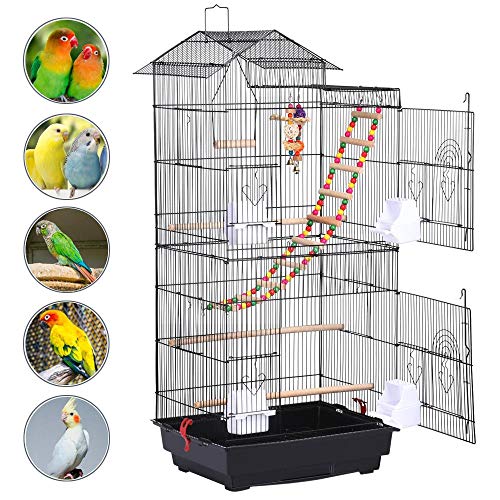 Yaheetech 39" Roof Top Flight Cage with Toys, Wrought Iron Bird Cage for Cockatiels, Conures, Lovebirds, Budgies & Small Birds - color: Black