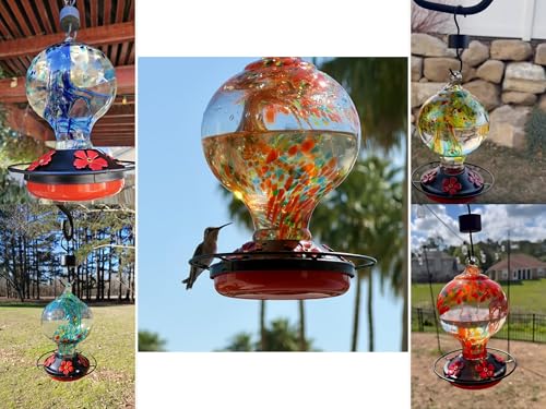Hummingbird Feeder for Outdoors, 34 oz Hand-Blown Glass Bird Feeders | Unique Garden Gift, Decorative Inner Glass Humming Bird Feeder with Ant Moat Hook, Bee Guard Ports, Brush, Sunset Red - color: A Sunset Red