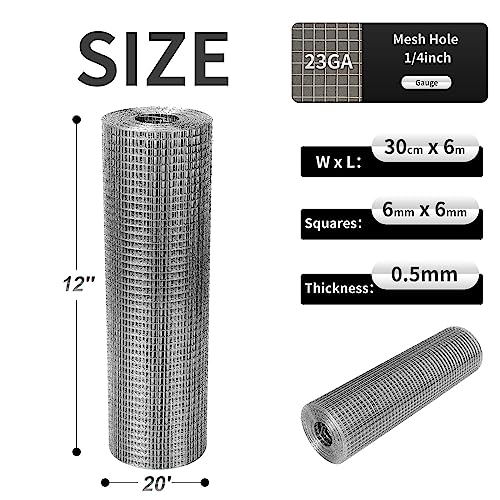 Hardware Cloth 12'' x 20' 1/4 in Galvanized Wire Mesh Roll (23 GA) Chicken Wire Fence Roll for Chicken Pen/coop Fences, Screen mesh, Rabbit/Snake Fences, Poultry enclosures, Handicraft Making, etc. - size: 12In x 20Ft