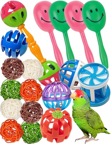 18 Pack Bird Toys Natural Rattan Balls Plastic Bell Balls | Non-Toxic Plastic, Natural Rattan, No Sharp Edges, 1.5 in - 5.5 in