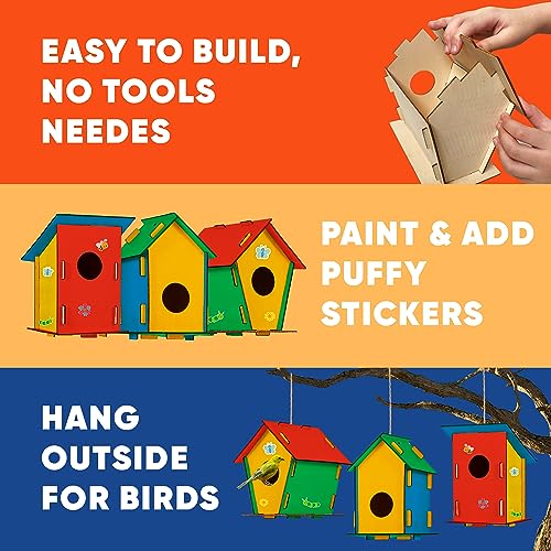 Wooden Birdhouses to Paint - 15 Bulk DIY Bird House Craft Kits for Kids | 15 wrapped unfinished wood kits, each with brush, 6-color strip & guide. Kids 8-12 build, paint and hang them outside - color: 6 Colors Paint