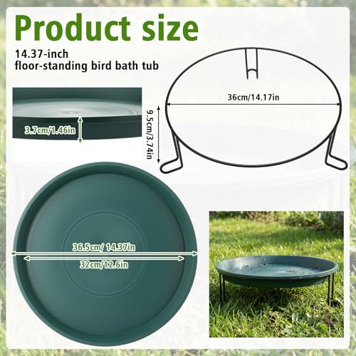 14.37'' Ground Bird Bath for Outside Large Bird Bath Bowl for Patio Garden or Deck Floor Standing Black Steel Wire Stand with Dish Outdoor Feeder Water(Green) - color: Green