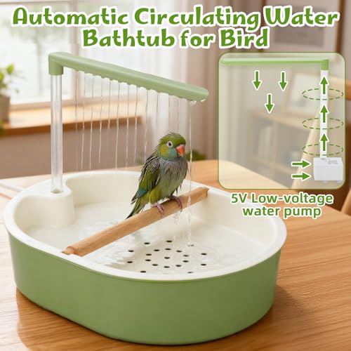 Automatic Bird Bath with Electric Water Pump Tub for Parakeets | Quiet Running Faucet, Continuous Flowing Shower Toy, for Cockatiel, Budgie, Conure, Lovebird, Quaker, Small Medium Birds