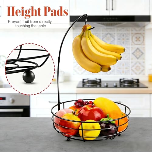 Fruit Basket for Kitchen Counter - Fruit Bowl with Banana Hanger, Rust-Proof Metal Frutero Produce Fruit Holder for Kitchen
