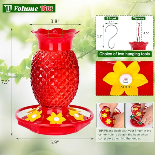 Fchstaer Glass Hummingbird Feeders for Outdoors Hanging 16oz 1 Pack Red Pineapple Bee & Ant Proof 360°Perch Leakproof Easy Clean with 6 Feeding Ports Gifts for Mom - color: Red-1PC