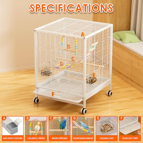 Bird Cage Large Flight Cage for Parakeet with Wheels Stand | Spacious bird cage with full view design, flight space layout and accessories for parakeet small bird daily living - size: 15.7"L x 15.7"W x 21.7"H