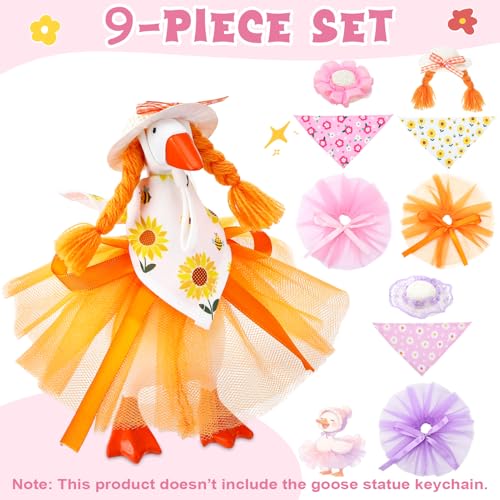 3 Sets 7 Inch Spring Desk Goose Outfits | Mini Bonnet Mesh Skirt Floral Bandana for Magnetic Statue Desk Decor