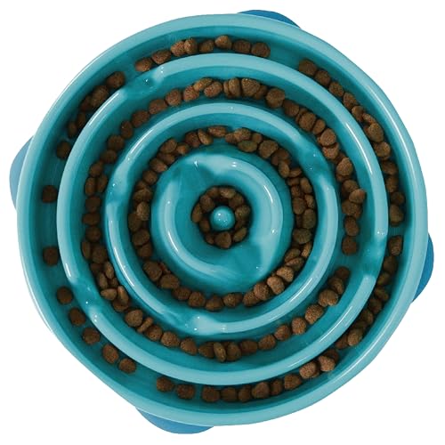 Outward Hound Fun Feeder Slo Bowl – Large 4‑Cup Capacity, Slow Feeding, Medium to Large Dogs, Non‑Slip, Turquoise, Drop Pattern - color: Turquoise, size: Large