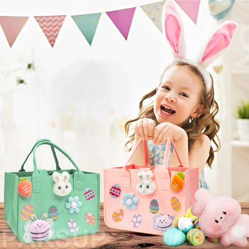 PARSUP 2PCS Happy Easter Egg Hunt Bunny Gift Treat Bags with Handles, Felt Easter Bags for Gifts Wrapping, Egg Hunt Game, Party Supplies, 12" x7.8" x6.8"(Pink + Green)