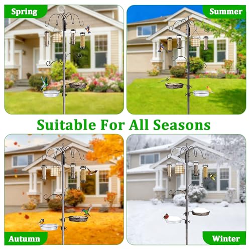 Bird Feeding Station Kit, 94-Inch, 6-Hook Metal Bird Feeder Pole | Bird Bath Bowl, Mesh Seed Tray, Freestanding 5-Prong Base, Removable Parts, Easy Assembly, for Patio, Lawn and Garden - size: 94 Inches without Squirrel Baffle