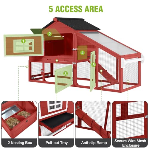 GUTINNEEN Large Chicken Coop with Wheels, Expandable Mobile Chicken House for Outdoor Use, Hen House Poultry Cage with Nesting Box, Leakproof Pull-Out Tray & UV-Resistant Roof – Red - color: (Red)