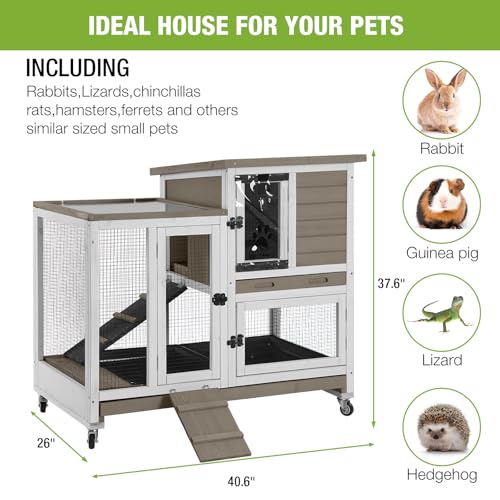 GUTINNEEN Rabbit Hutch Rabbit Cage Pet Bunny House Cage with Casters Urine Baffles,4 Metal Wheels,2 Deeper Trays(Mocca Color) - color: Mocca Color