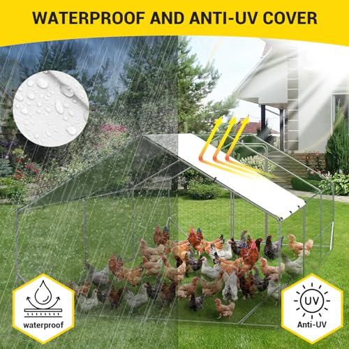 GarveeLife Large Chicken Coop, Metal Chicken Run with Anti-Ultraviolet Waterproof Cover, Spire Roof Walk in Poultry Cage, Outdoor Chicken Pen for Backyard and Farm Use, 9.8 ft x 19.7 ft x 6.6 ft - size: 118.1"L x 236.2"W x 78.7"H