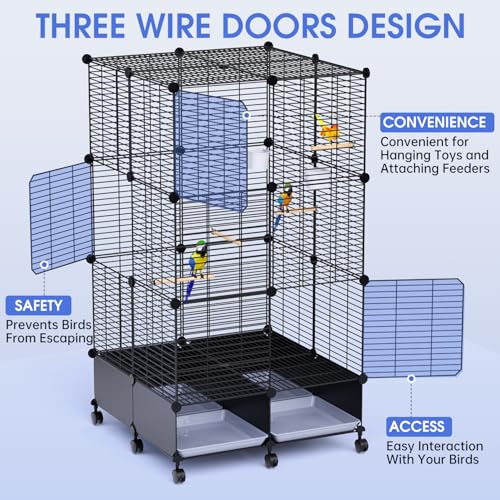 Flight Bird Cage, Large Metal Parakeet Cage with Wheels | With Perches, Slide-Out Trays, Bowls & Bird Toys for Cockatiels, Lovebirds & Small to Medium Birds, 25.5" x 25.5" x 46"