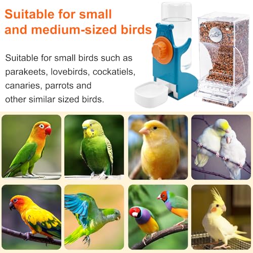 VCEPJH No Mess Bird Feeder with Water Dispenser, Automatic Parrot Feeder Drinker Parakeet Seed Dispenser Food Container with Cage Perch for Lovebirds Conures Budgies Canary Finch (4Pcs) - color: Blue