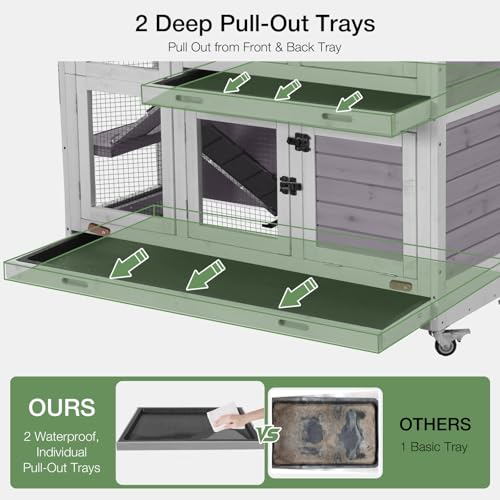 47.2" Two-Story Rabbit Hutch with Wheels, Indoor Outdoor Bunny Cage with Openable Viewing Window & Leakproof Sliding Trays, Wooden Small Animal House with Ramp, for Rabbits-(Grey) - color: Grey-AIR06