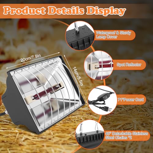 Chicken Coop Heater, Heat Lamp for Chickens, Chicken Coop Heating Lamp Brooder with Two 250W Lamps for Poultry, Livestock & Small Pets