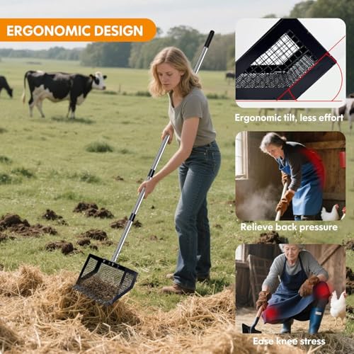Chicken Coop Scoop (22 to 75") Chicken Coop Rake and Scoop with Grip 5 Section Extra Long Handle Chicken Pooper Scooper for Sand Metal Chicken Cleaning Tools Livestock Rake(Black) - color: Black