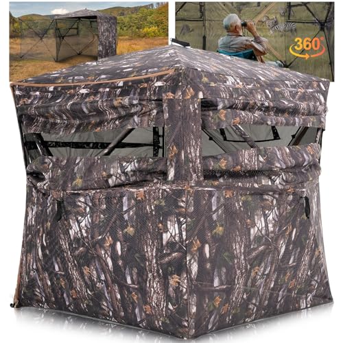 Portable Hunting Blind 360° Degree See Through with Carrying Bag, 2-3 Person Pop Up Ground Blinds with Silent Zipper Door & Sliding Windows, Resilience Tent for Deer & Turkey Hunting - color: Dark Woodland Camouflage