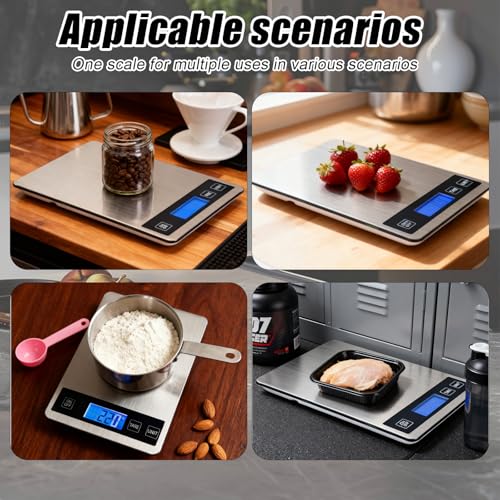 Food Kitchen Scale, 33lb Food Scale Precisely Measures Grams and Ounces for Baking and Cooking, 304 Stainless Steel Kitchen Scale for Food with LCD Display, Batteries Included - style: Rechargeable / 33lbs