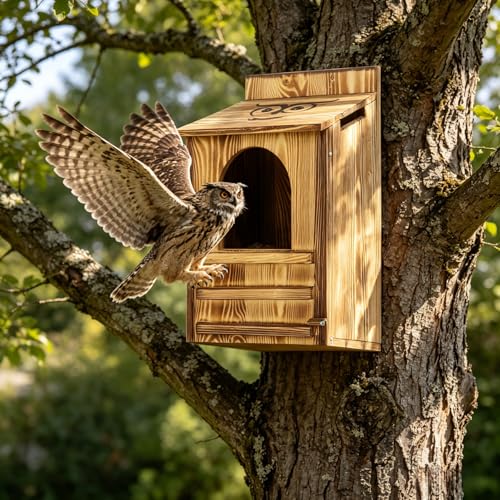 Owl House for Outdoors - 9.1x7.5x14.6 Inch Wooden Owl Nesting Box, Bird Houses for Outside with Secure Entrance & Ventilation, Easy to Install on Trees