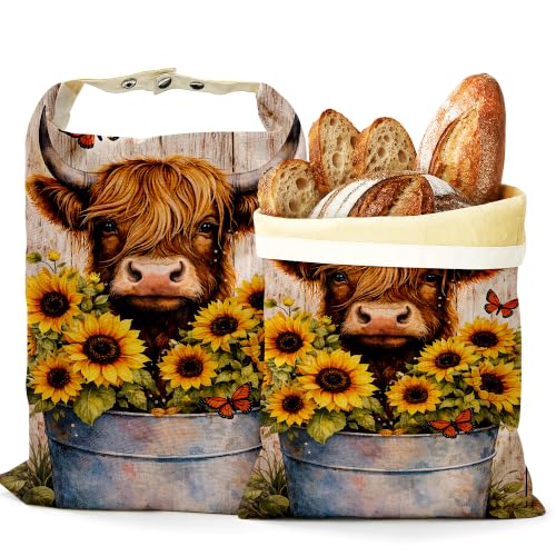 2 Pack Beeswax Highland Cow Bread Bags for Sourdough, Reusable Linen Sunflowers Butterfly Bread Bag 17x13'' Food Storage Cloth Bag Freezer-Friendly & Freshness Preservation - color: Highland Cow