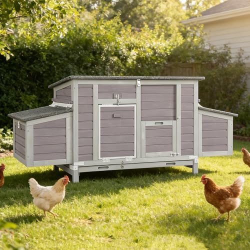 GUTINNEEN Large Chicken Coop for 4-6 Chickens with Nesting Box, Predator Proof Outdoor Hen House, Reinforced Frame, Waterproof Asphalt Roof, Easy Clean Pull-Out Tray, Ventilated Design - size: 70.6"L x 25"W x 28"H