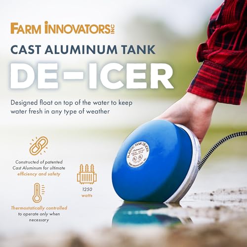 Farm Innovators Ice Chaser 1250 Watt Cast Aluminum Floating Tank Deicer with Self Regulating Thermostat and Heavy Duty Anti Chew Cord Protector | Thermostatically controlled heater operates only when necessary, cast aluminum construction, plastic-safe - c