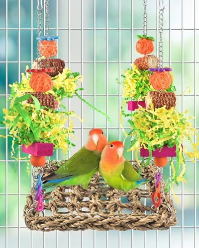 ERKOON Conure Toys, Bird Cockatiel Toys Foraging Swing Mat Parrot Climbing Hammock Wall with Colorful Toys for Birds Shredding Seagrass, Birds Cage Toy Accessories - size: Parrot swing mat-1 Pack