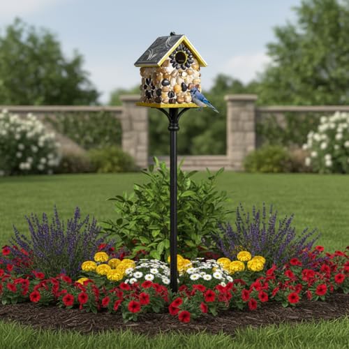 Premium River Pebble Bluebird House – Cedar Wood Outdoor Birdhouse with Embedded Metal Roof, Weather-Resistant Garden Nest Box for Wild Birds, Hanging & Pole Mountable (Yellow) - color: River Pebble Yellow