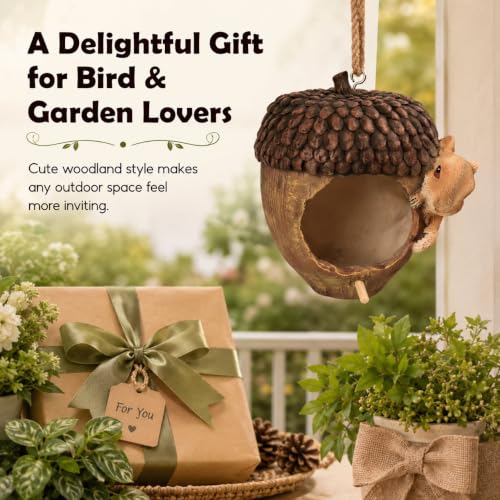 Acorn Bird House for Outside, Hand-Painted Resin Hanging Birdhouse with Squirrel, Weather-Resistant Decorative Bird House for Garden, Patio, Yard & Porch - style: Acorn