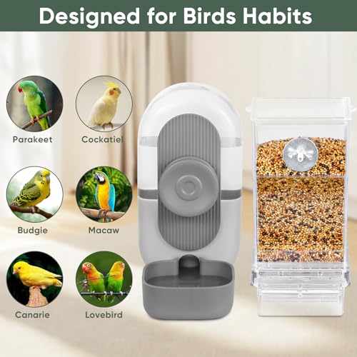 Lemtrflo No Mess Bird Feeder Water Dispenser, Parrot Cage Automatic Feeders | Automatic Feeding & Hydration, Parakeet Cage Accessories for Parrots, Cockatiels, Finches, Lovebirds & Budgies - color: Gray