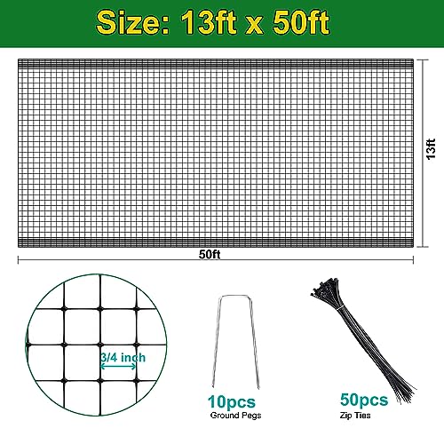 KLEWEE Bird Netting, 13 x 50 FT Heavy Duty Garden Netting | Deer Netting Fence for Plants Vegetables Fruit Trees, from Birds Deer Squirrel Animals, UV Resistant, 10 Stakes & 50 Zip Ties - size: 13 x 50 FT
