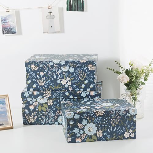 Soul & Lane - Nightfall Bloom Decorative Storage Boxes with Lids, Set of 3 | Large Nesting Cardboard Keepsake Boxes for Photos and Memories, Floral Photo Storage Containers for Home Decor - color: Nightfall Bloom