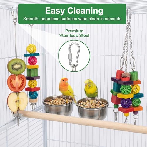 2 Pcs Birds Cage Food Holder with Hook, Budgie Cage Accessories Bird Fruit Feeder Vegetable Stainless Steel Birds Feeder Hanging Foraging Toy for Cages Macaw Parakeet Parrot (2 Sizes 11 and 9.1 inch)