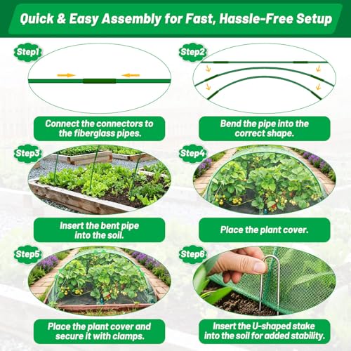 Garden Mesh Netting Kit, 7 Sets Garden Hoops with 10x30 ft Garden Covers | Bird Netting with 12 Clips, Garden Protection for Raised Beds Greenhouse Vegetable Plants Flowers - color: Green