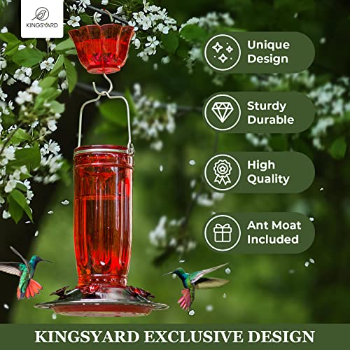 Kingsyard Glass Hummingbird Feeder for Outdoors Wild Bird Feeder with 6 Feeding Ports Hanging for Garden Yard, Red (Ant Moat Included) - color: Red