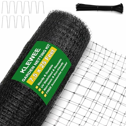 KLEWEE Bird Netting, 7.5x25 FT Heavy Plastic Duty Garden Netting Deer Fence | Fruit Tree Plant Vegetable Protection, 3/4" Fine Mesh from Birds Deer Squirrel Animals, UV Resistant, 10 Stakes & 50 Zip Ties - size: 7.5 x 25 FT