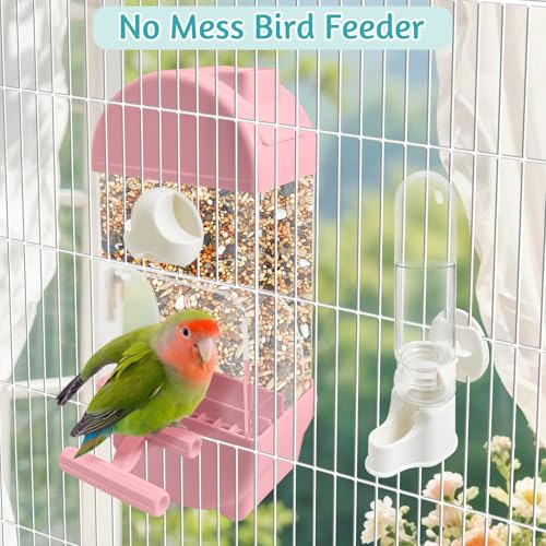 Tfwadmx No Mess Automatic Bird Feeder for Cage Transparent Food Container Parrot Water Dispenser Cage Accessories for Cockatiels, Finches, Budgies Canaries (Pink)