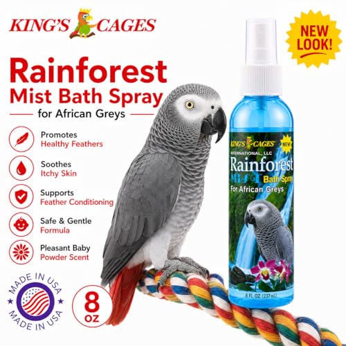 King's Cages Rainforest Mist Spray 8 oz. African Grey Pk2 Feather Conditioning Spray with Baby Powder Scent for Medium Bird Breeds Skin Relief and Plumage Care (Pack of 2) - size: Pack of 2