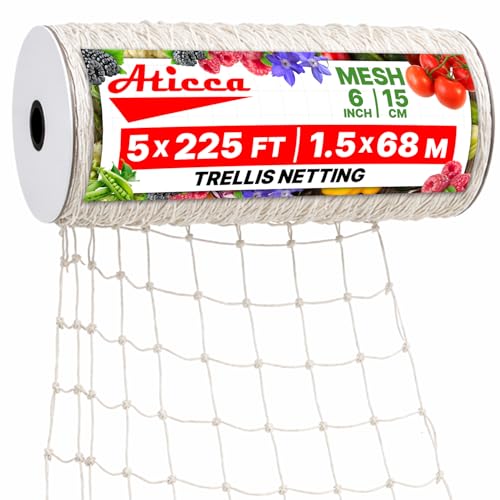 ATICCA Trellis Netting 5 x 225 ft Heavy Duty Polyester Plant Support Netting White - 6 Inch Garden Rope Trellis on Roll - Mesh Twine for Growing Vine Climbing Plants, Flowers, Peas, and Tomatoes. - size: 5x225ft Polyester Trellis Netting